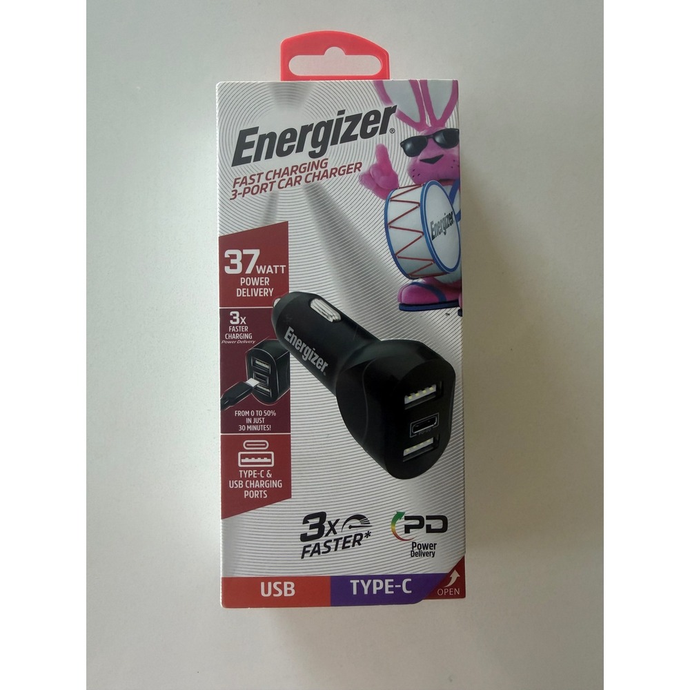 Energizer Car Charger Unisex OS 37W 3-Port Fast Charging PD USB-C Black NEW